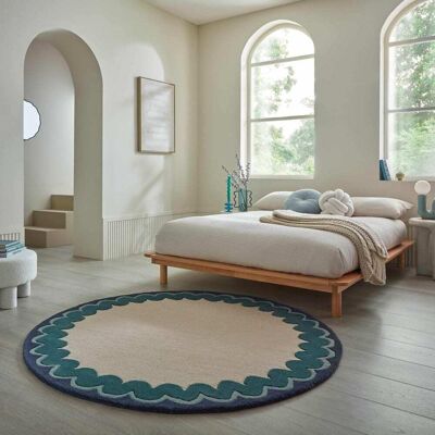 Flair Rugs Tapis rond en laine beige à bordure bleue et verte 160x160cm Bleu 160x1x160cm - Publicité Flair Rugs Tapis rond en laine beige à bordure bleue et verte 160x160cm Bleu 160x1x160cm - Publicité