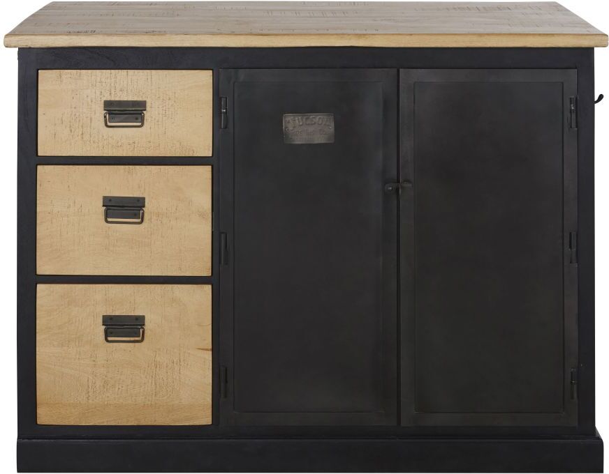 Maisons du Monde Ilot central cuisine 3 portes 3 tiroirs en manguier massif avec table étirable Noir 130x100x75cm