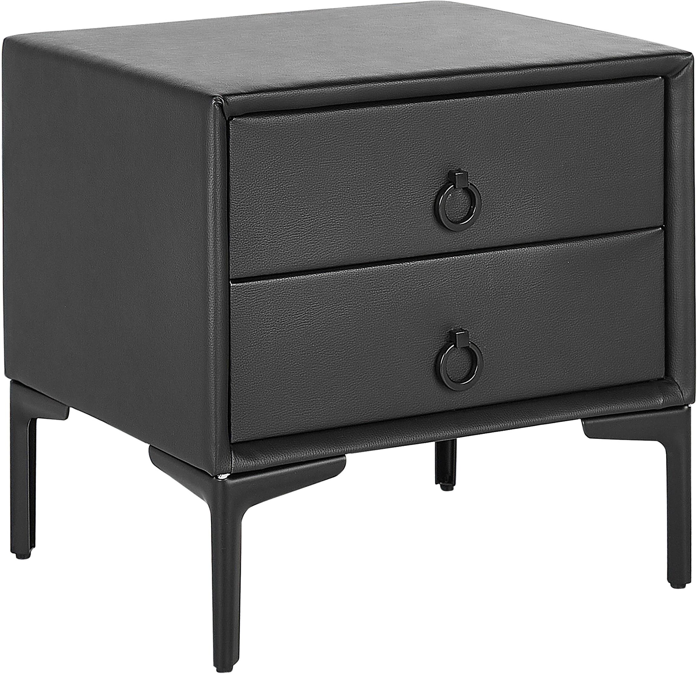 Beliani Table de chevet en cuir PU noir 2 tiroirs Noir 44x45x38cm