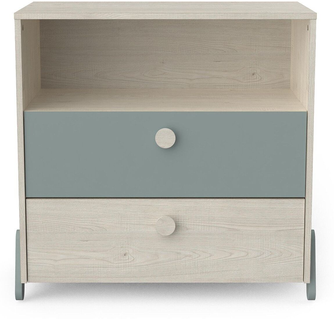 Calicosy Commode Enfant 2 Tiroirs 1 Niche - Vert de Gris et Bois Clair Beige 73x73x39cm