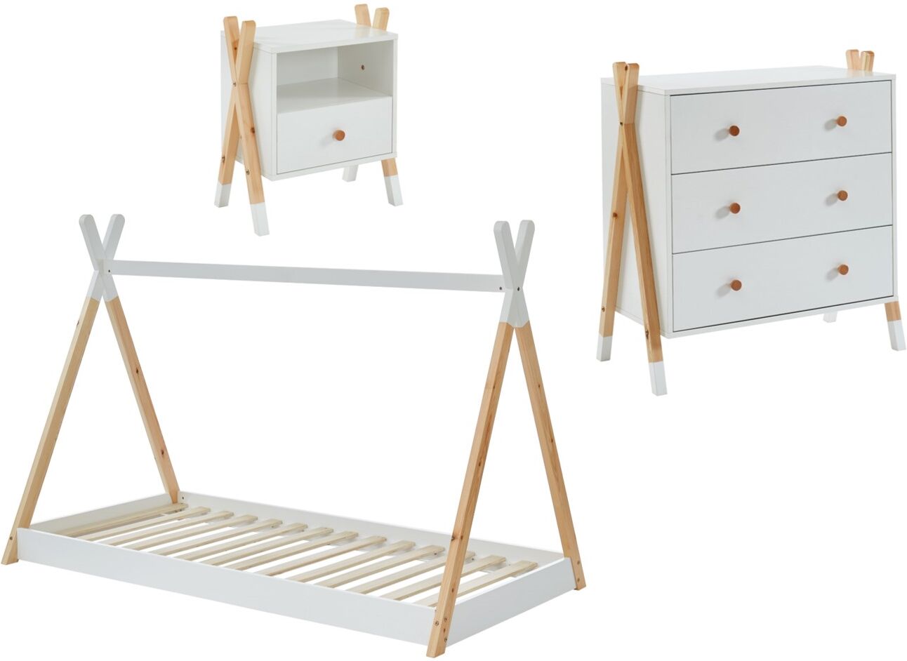 Baita Ensemble chambre enfant blanc lit chevet et commode Blanc 197x137x107cm