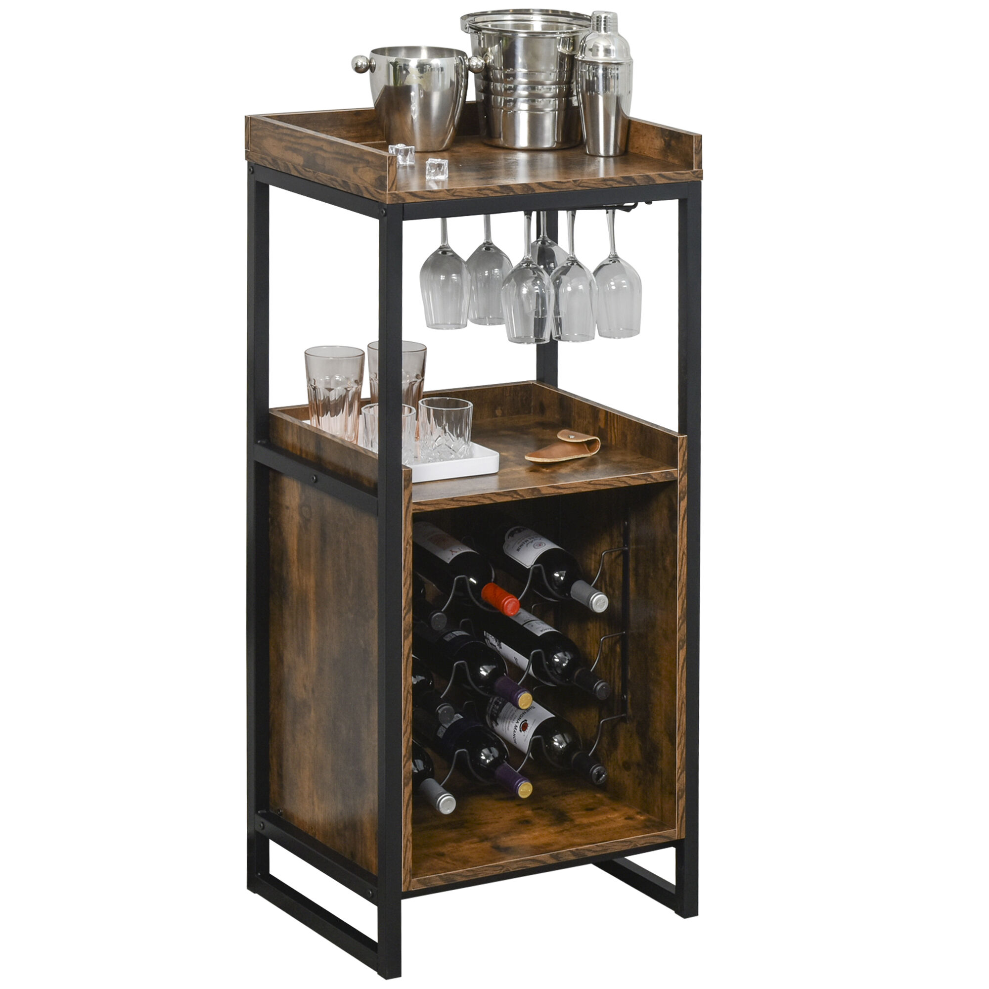 Homcom Casier à vin design industriel support verres à vin intégré Marron 52x113x40cm