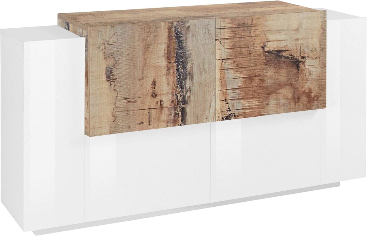 Dmora Buffet avec 4 portes effet bois blanc brillant et érable Blanc 160x86x45cm