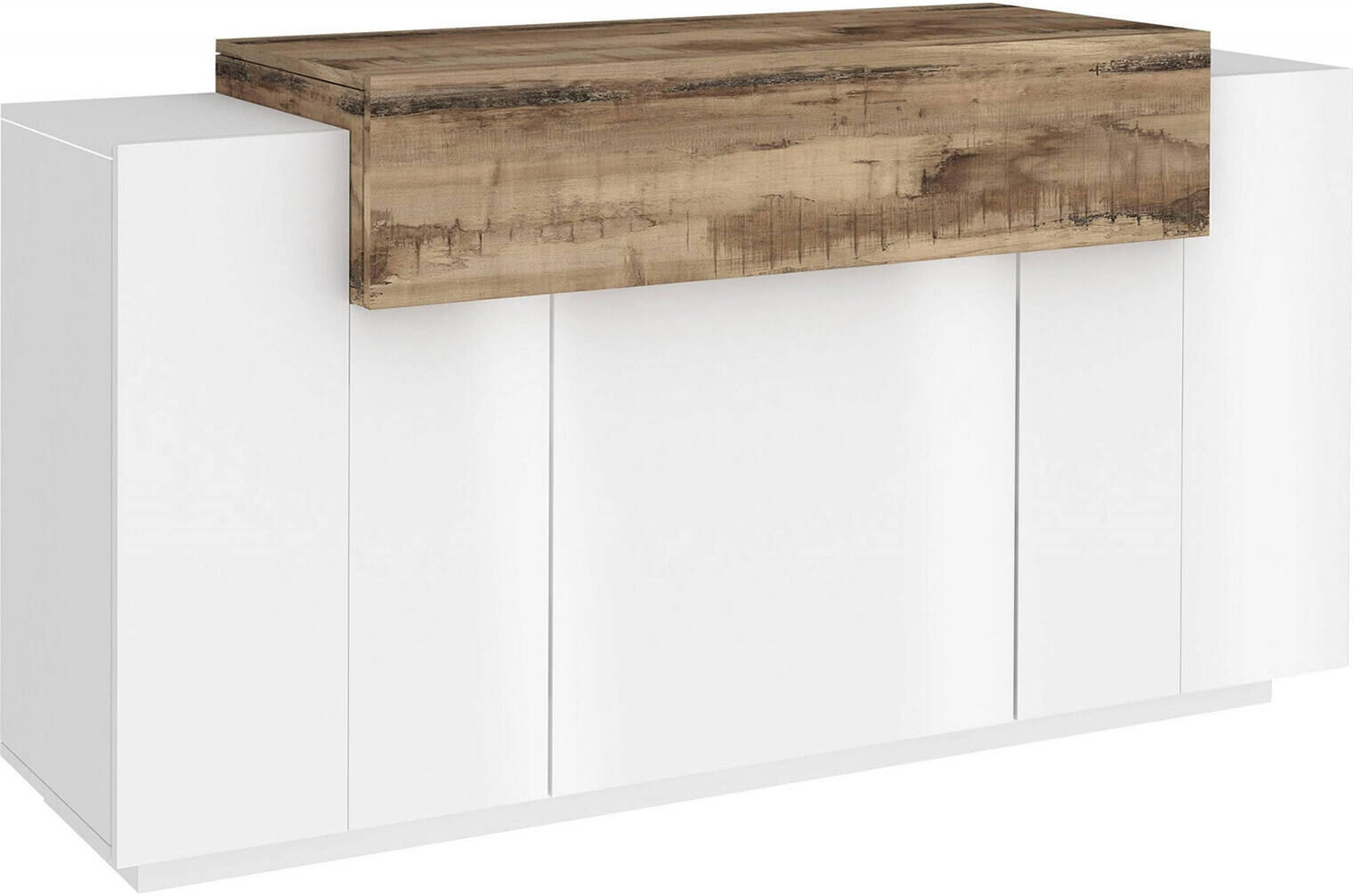 Dmora Buffet avec 4 portes effet bois blanc brillant et érable Blanc 140x86x45cm