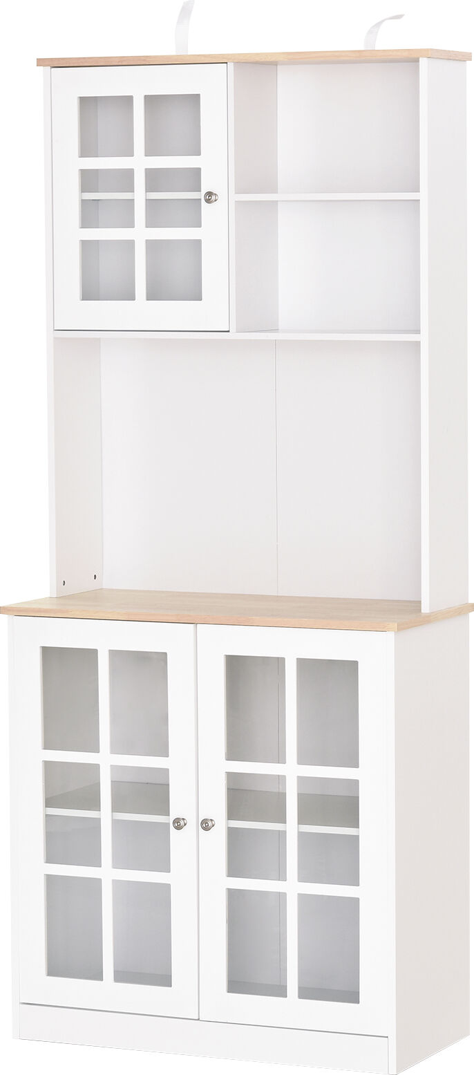 Homcom Armoire de cuisine 3 portes vitrine verre 2 niches blanc chêne Blanc 80x183x37cm