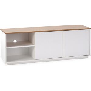 HOMN Meuble tv 2 Portes 2 niches blanc/chêne, bois massif Blanc 140x49x40cm