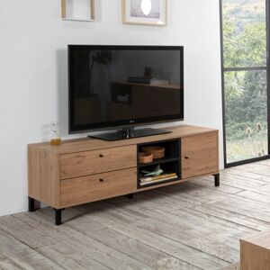 HOMN Meuble tv 2 tiroirs et 1 porte, couleur bois/noir, 136,5 cm longueur - Publicité