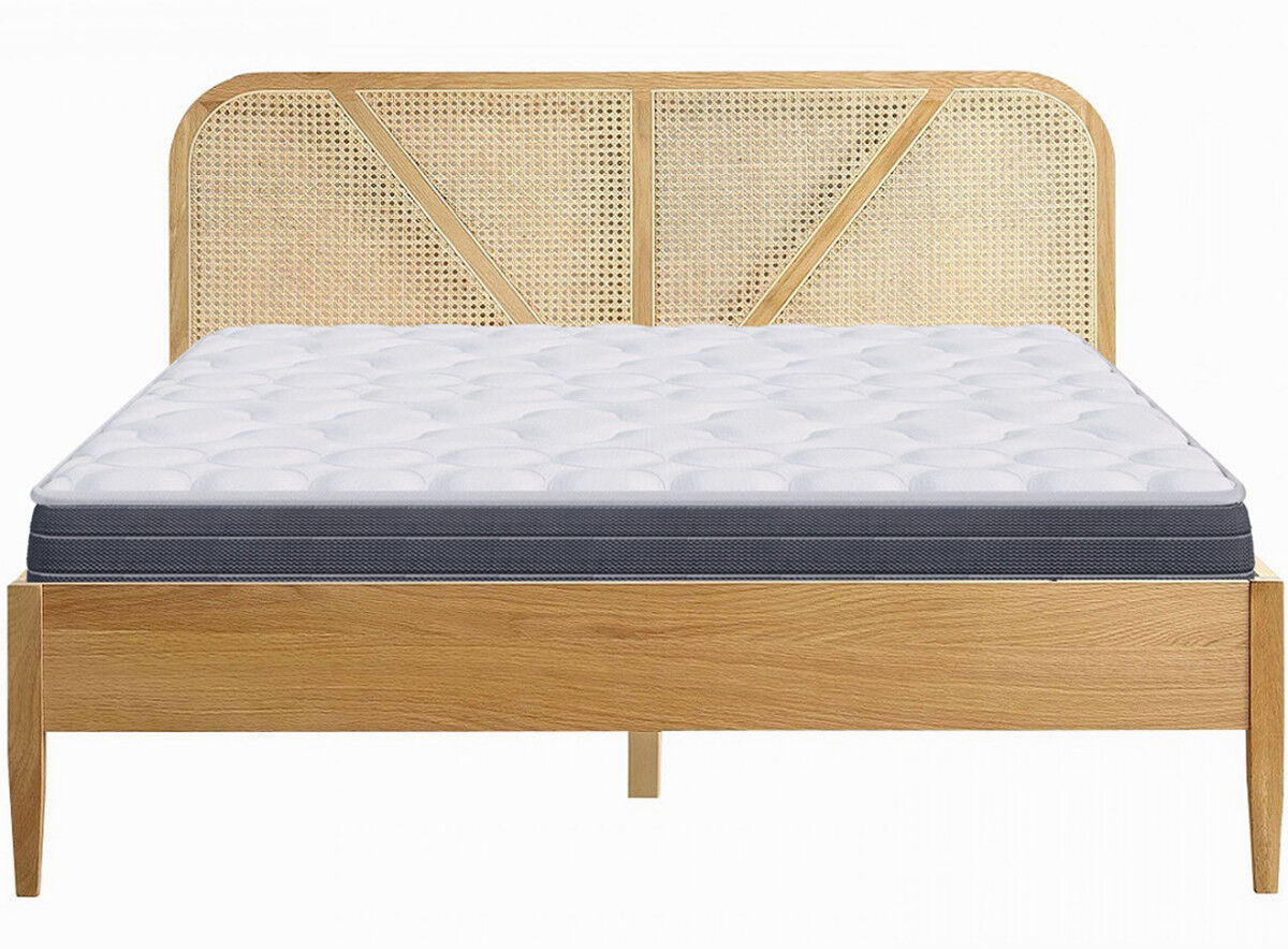 Homifab Pack lit 160x200 en bois et cannage + Matelas mémoire de forme Marron 208x90x165cm