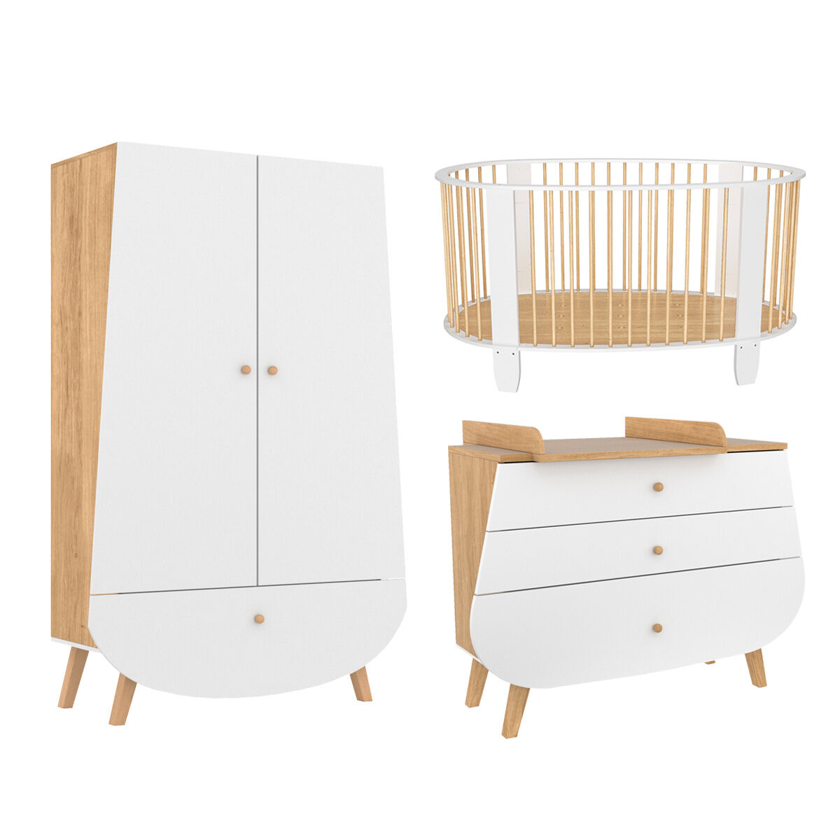 Songes et rigolades Chambre bébé : Trio - lit bébé 60x120 commode armoire blanc naturel Beige 120x78x60cm