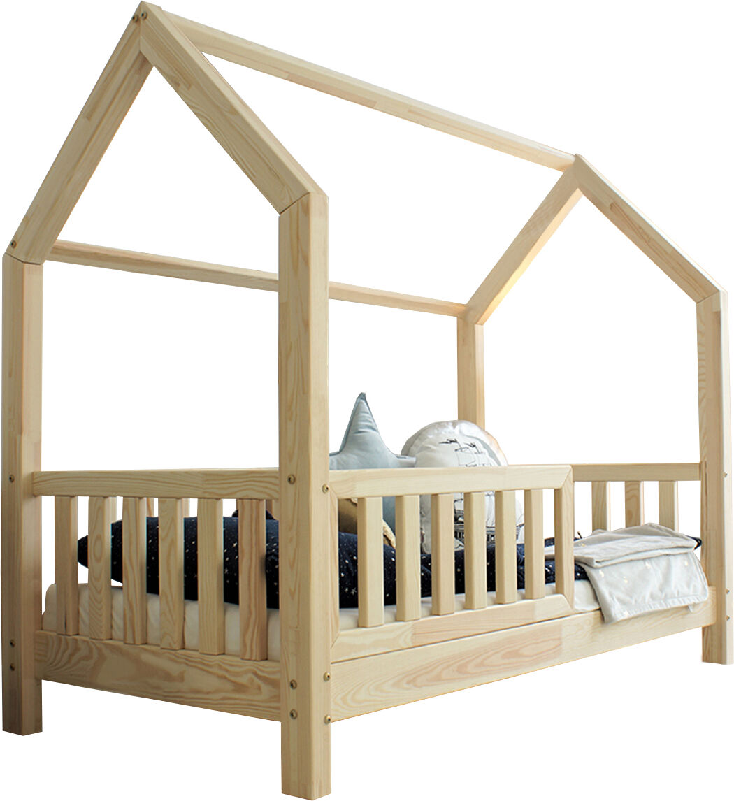 Tendresse de bébé Lit cabane 90x190 barrière et sommier inclus pieds 10 cm naturel Beige 199x140x99cm