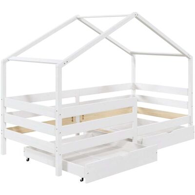 Lit enfant Idimex - 90x200cm, Forme maison, Blanc, 2 tiroirs - Publicité Lit enfant Idimex - 90x200cm, Forme maison, Blanc, 2 tiroirs - Publicité