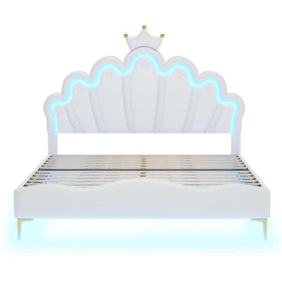 MODFU Lit enfant en similicuir blanc 140x200 cm avec tête de lit couronnée Blanc 203x129x143cm - Publicité MODFU Lit enfant en similicuir blanc 140x200 cm avec tête de lit couronnée Blanc 203x129x143cm - Publicité