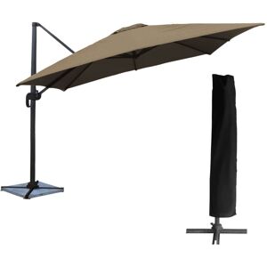 Profitez de moments de convivialité en toute confiance avec le parasol MOLOKAI. Il est inclinable et rotatif et vous protégera parfaitement des rayons du soleil. Avec une grande envergure et une toile à grande densité traitée anti-UV, il saura prendre soin de vos convives, même ceux installés en bout de table. De plus, son look design et élégant ne rendront ces belles journées ensoleillées que plus agréables. Pensez à ajouter des dalles de lestages pour maintenir le parasol excentré bien en place.       Détails :    Dimensions : Parasol : L 3 × l 3 × H 2,53m, Baleines :  P 24 × L 14 × Ép. 0,9mm, Mât : L 77 × l 53 × H 1,8mm, Bras articulé : P 40 × l 25mm, Pied : L 100 × l 100 × H 6,5cm, Housse : Ø 47 à 65cm (de haut en bas) × H 253cm . Matières : Toile : polyester, 200g/m², Mât et barre oblique : aluminium, Pied : aluminium, Baleines : aluminium, Housse : polyester, 140g/m²    . Couleurs : Toile : taupe, Mât, barre oblique, baleines et pied : anthracite, Housse : noire         . Informations complémentaires :    Type de parasol : déporté, Forme de la toile : carré, Nombre de baleines : 8, Toile et housse déperlantes, Aération au sommet, Système d'ouverture / fermeture : manivelle, Système d'inclinaison : poignée, Système de rotation : pédale, Rotation : 360°, Forme du pied : croix, Protection solaire : traitement UV20+, À monter (notice incluse). image