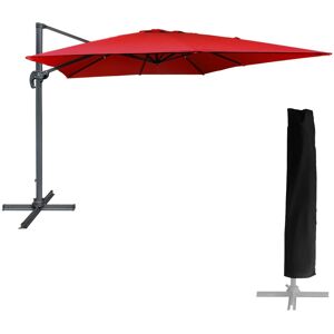 Profitez de moments de convivialité en toute confiance avec le parasol MOLOKAI. Il est inclinable et rotatif et vous protégera parfaitement des rayons du soleil. Avec une grande envergure et une toile à grande densité traitée anti-UV, il saura prendre soin de vos convives, même ceux installés en bout de table. De plus, son look design et élégant ne rendront ces belles journées ensoleillées que plus agréables. Pensez à ajouter des dalles de lestages pour maintenir le parasol excentré bien en place.       Détails :    Dimensions : Parasol : L 3 × l 3 × H 2,53m, Baleines :  P 24 × L 14 × Ép. 0,9mm, Mât : L 77 × l 53 × H 1,8mm, Bras articulé : P 40 × l 25mm, Pied : L 100 × l 100 × H 6,5cm, Housse : Ø 47 à 65cm (de haut en bas) × H 253cm . Matières : Toile : polyester, 200g/m², Mât et barre oblique : aluminium, Pied : aluminium, Baleines : aluminium, Housse : polyester, 140g/m²    . Couleurs : Toile : rouge, Mât, barre oblique, baleines et pied : anthracite, Housse : noire         . Informations complémentaires :    Type de parasol : déporté, Forme de la toile : carré, Nombre de baleines : 8, Toile et housse déperlantes, Aération au sommet, Système d'ouverture / fermeture : manivelle, Système d'inclinaison : poignée, Système de rotation : pédale, Rotation : 360°, Forme du pied : croix, Protection solaire : traitement UV20+, À monter (notice incluse). image