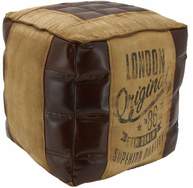 Aubry Gaspard Pouf en coton et cuir london Marron 40x40x40cm