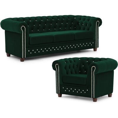 S-Style Ensemble de canapé Chesterfield 3+1 en velours bouteille verte Vert 86x72x203cm - Publicité S-Style Ensemble de canapé Chesterfield 3+1 en velours bouteille verte Vert 86x72x203cm - Publicité