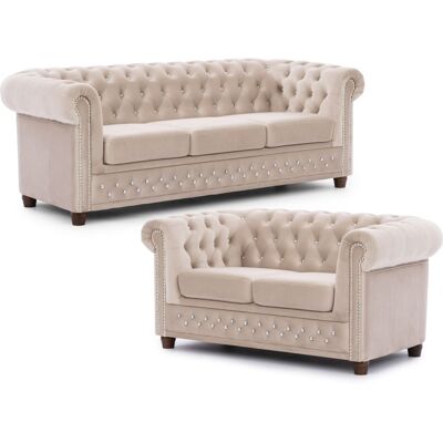 S-Style Ensemble de canapé Chesterfield 3+2 en velours beige Beige 86x72x203cm - Publicité S-Style Ensemble de canapé Chesterfield 3+2 en velours beige Beige 86x72x203cm - Publicité