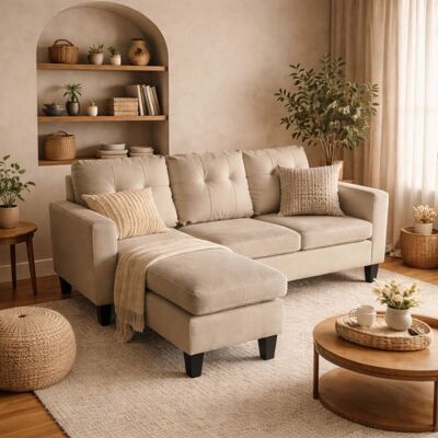 Concept Usine Canapé d'angle 3 places en tissu beige Beige 183x83x124cm - Publicité Concept Usine Canapé d'angle 3 places en tissu beige Beige 183x83x124cm - Publicité