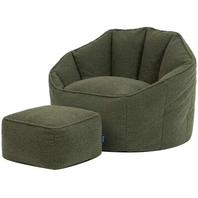 Icon Pouf fauteuil coquillage avec repose-pied carré, bouclette, vert olive Vert 74x64x77cm - Publicité Icon Pouf fauteuil coquillage avec repose-pied carré, bouclette, vert olive Vert 74x64x77cm - Publicité