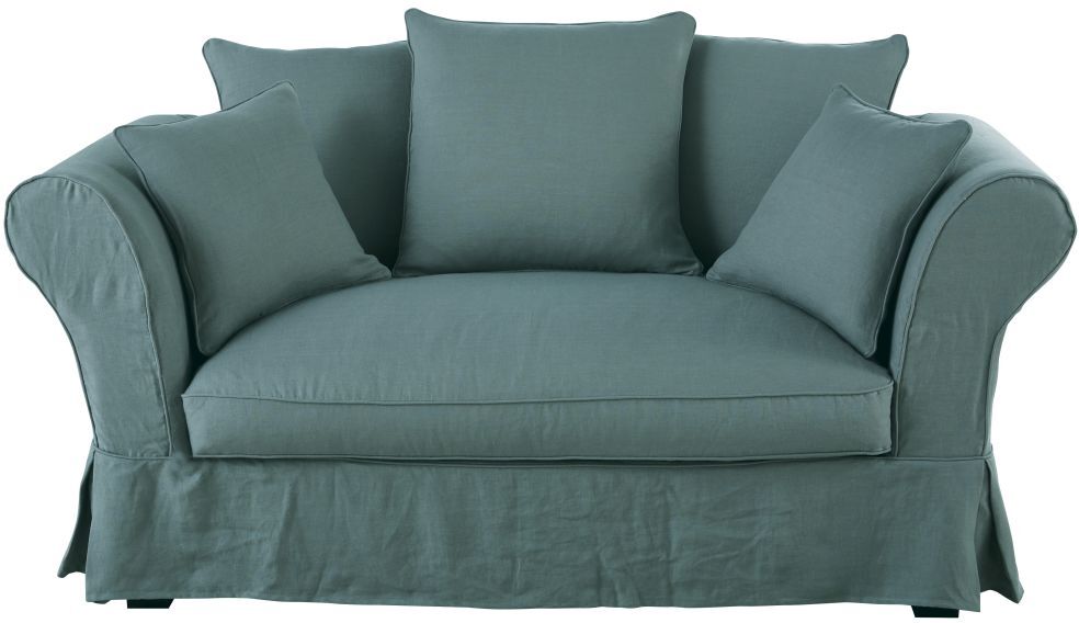 Maisons du Monde Canapé 2 places en lin froissé bleu céladon Roma Maisons du Monde Canapé 2 places en lin froissé bleu céladon Roma