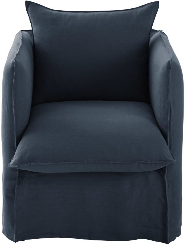 Maisons du Monde Fauteuil en lin froissé bleu nuit Louvain Maisons du Monde Fauteuil en lin froissé bleu nuit Louvain