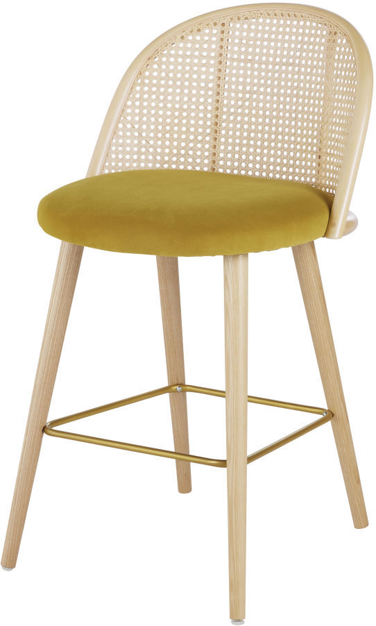 Maisons du Monde Chaise pour îlot central en velours jaune et cannage en rotin H64 Jaune 48.5x78.5x49cm