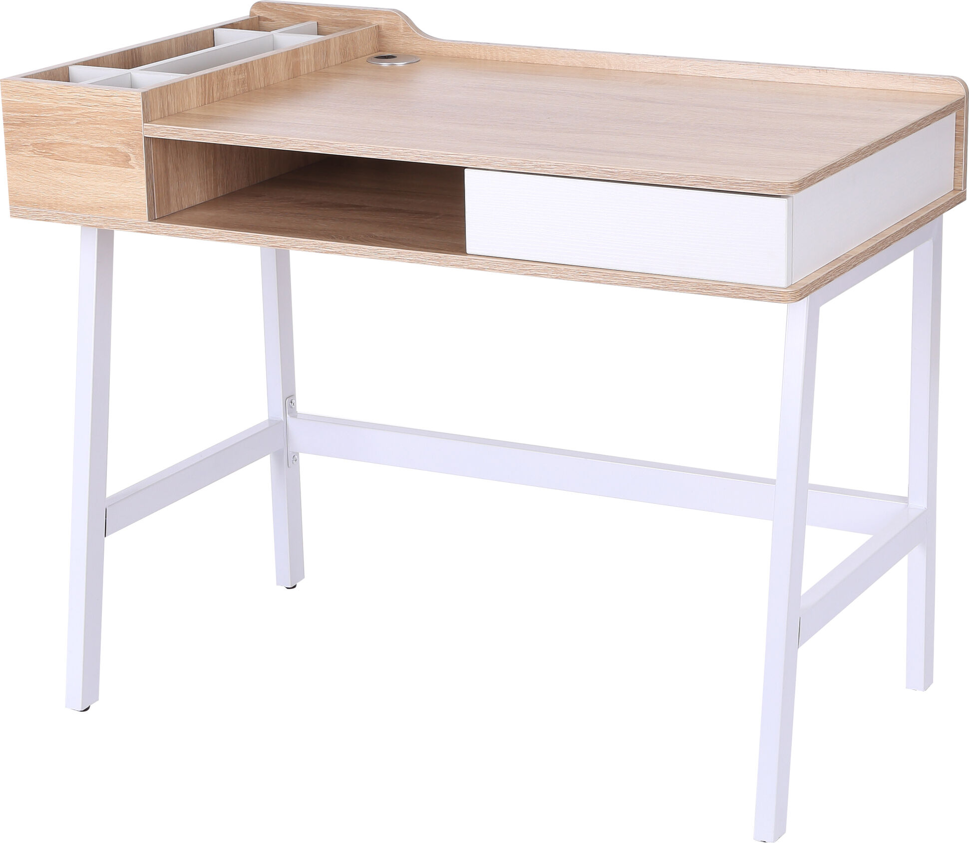 Homcom Bureau informatique multi-rangements métal blanc MDF chêne clair Beige 100x82x55cm