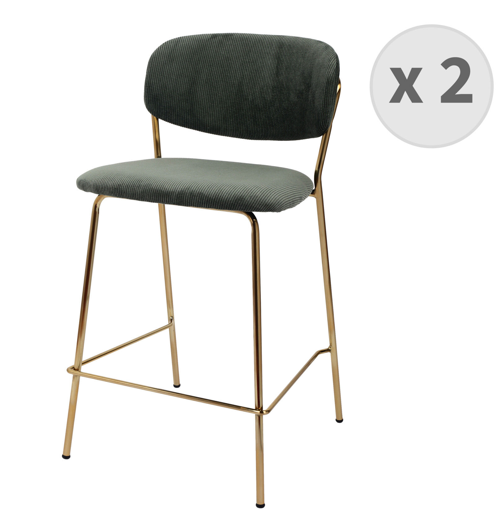 Moloo Chaise de bar en tissu cotelé Sauge et métal doré brossé (x2) Vert 55x88x46cm