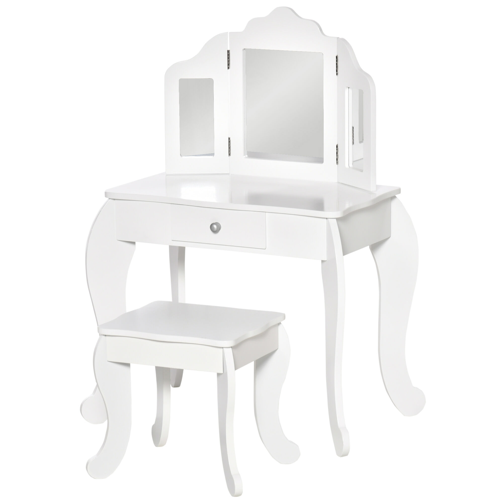 Homcom Coiffeuse enfant tabouret miroir triptyque et tiroir coulissant blanc Blanc 63x85x40cm