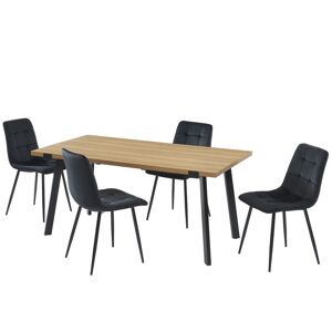 Baita Ensemble repas effet chêne et velours noir 4 chaises Noir 160x76x90cm