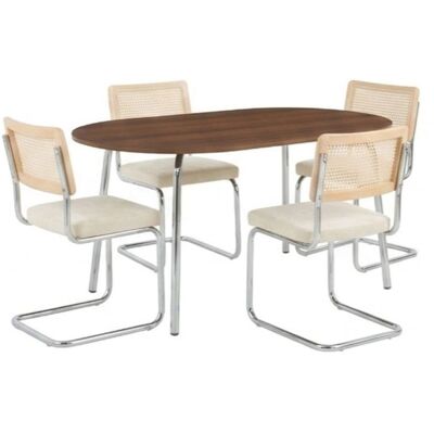 Baita Ensemble repas table effet noyer et 4 chaises ella tissu écru Marron 160x75x90cm - Publicité Baita Ensemble repas table effet noyer et 4 chaises ella tissu écru Marron 160x75x90cm - Publicité