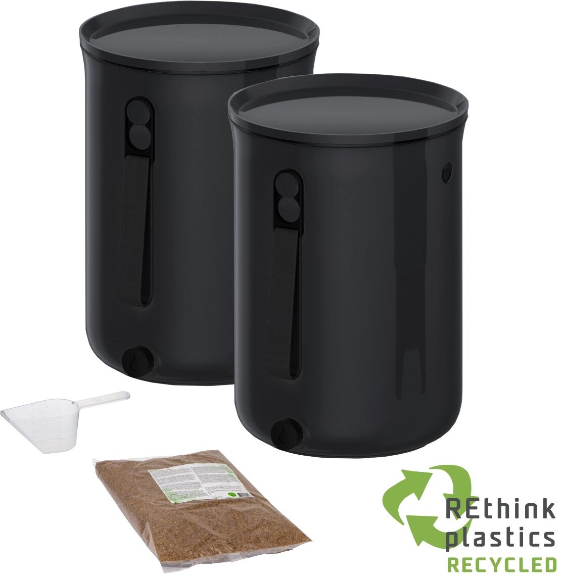 2 Composteurs Bokashi, Plastique recyclé, noir, 9,6l+1kg activateur Noir 24x32x24cm