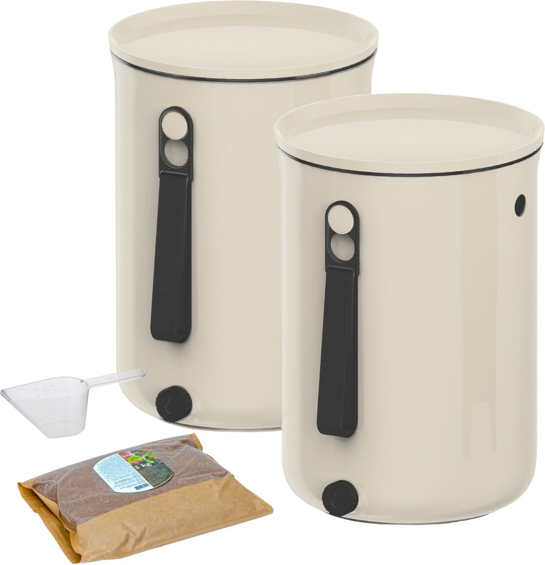 2 Composteurs Bokashi,Plastique recyclé, beige, 9,6l+1kg d'activateur Beige 24x32x24cm