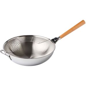 Mastrad Wok gourmet en inox, sa poignee en bois et sa grille en acier Argent 36x10x36cm