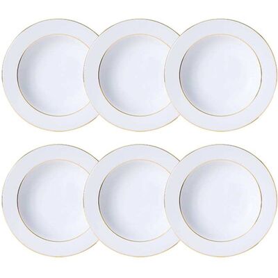 Novastyl Lot de 6 assiettes creuses 22,5cm en porcelaine blanche et filet or Blanc 23x3x23cm - Publicité Novastyl Lot de 6 assiettes creuses 22,5cm en porcelaine blanche et filet or Blanc 23x3x23cm - Publicité