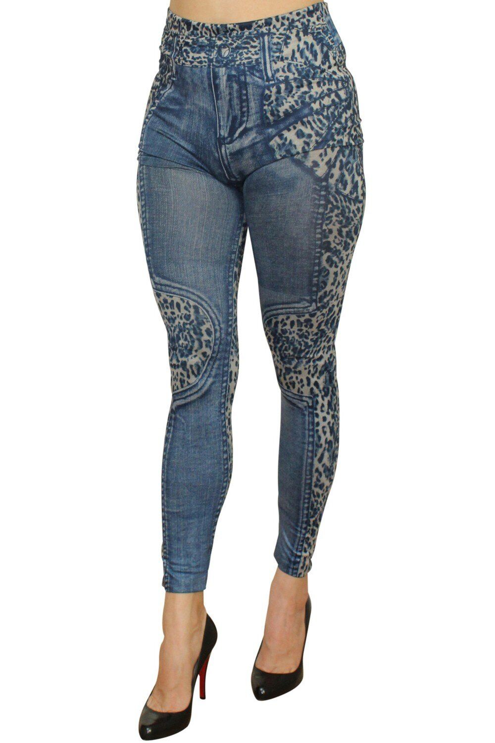 Fashion Diffusion Legging bleu effet jean délavé imprimé léopard Bleu