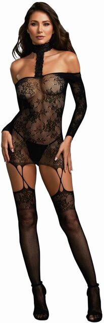 Bodystocking résille guêpière réversible avec tour de cou Noir