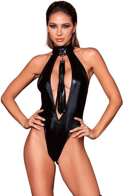 Body en simili cuir extensible avec col clouté et fouet - DG12450BLK Noir