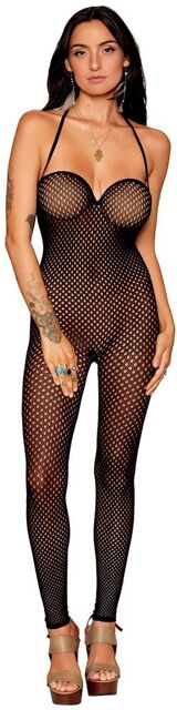 Bodystocking en résille noire, sans couture, avec large décolleté à armature Noir