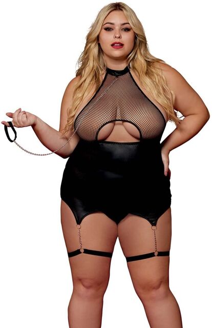 Body BDSM noir, grande taille, en maille avec corset / porte-jarretelles, simili cuir, intégré Noir