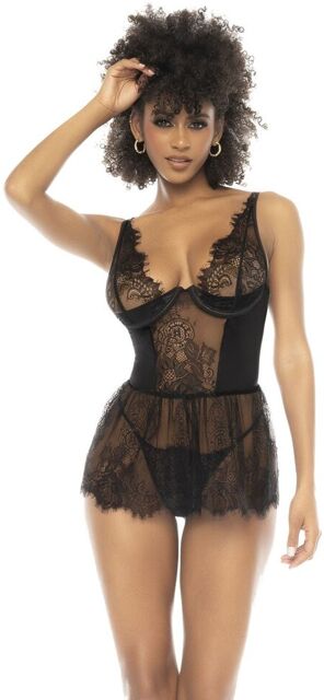 Nuisette noir Raven, en dentelle et résille, avec armatures, bretelles réglables, laçage dans le dos Noir