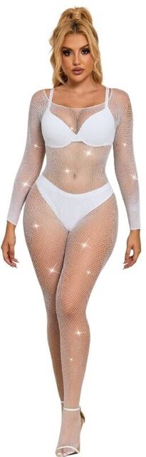 bodystocking resille avec losanges manches longues blanc taille unique