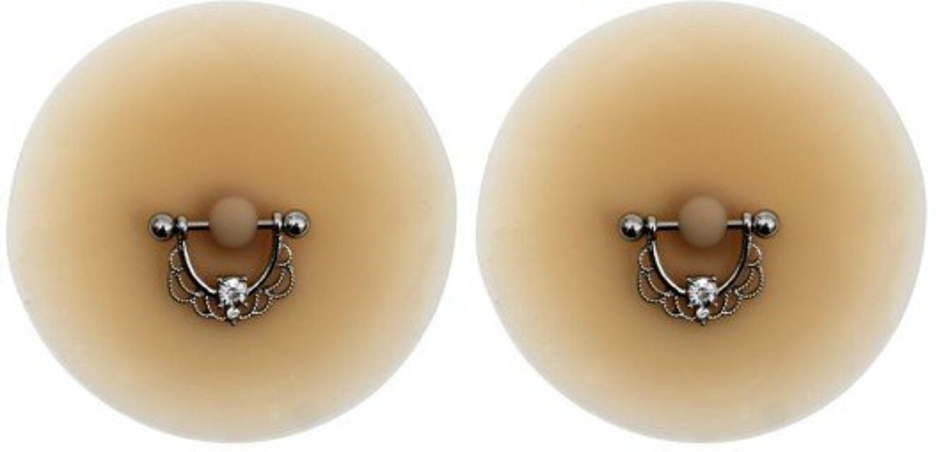 Paire de Cache-Tétons Piercing Barre Demi-Anneau Strass Peau Claire