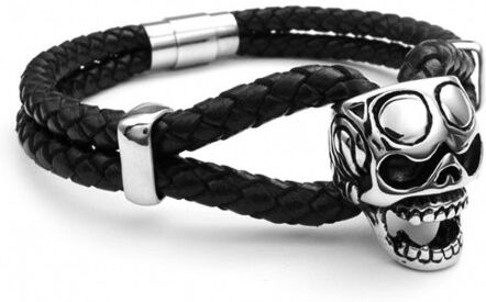 UrbanBijoux Bracelet homme 2 cordons cuir liés par une tête de mort fermoir acier biker UrbanBijoux Bracelet homme 2 cordons cuir liés par une tête de mort fermoir acier biker