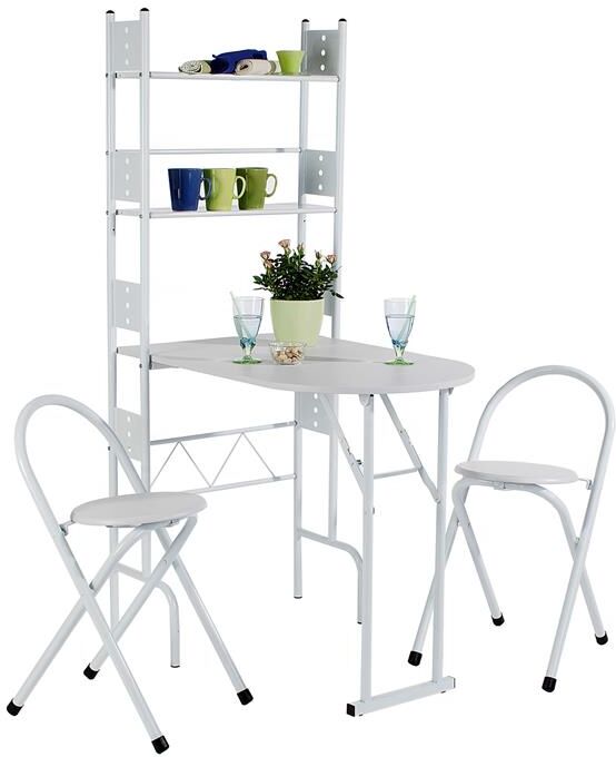 IDIMEX Ensemble table de cuisine pliable avec étagères et 2 chaises JONATHAN, blanc IDIMEX Ensemble table de cuisine pliable avec étagères et 2 chaises JONATHAN, blanc
