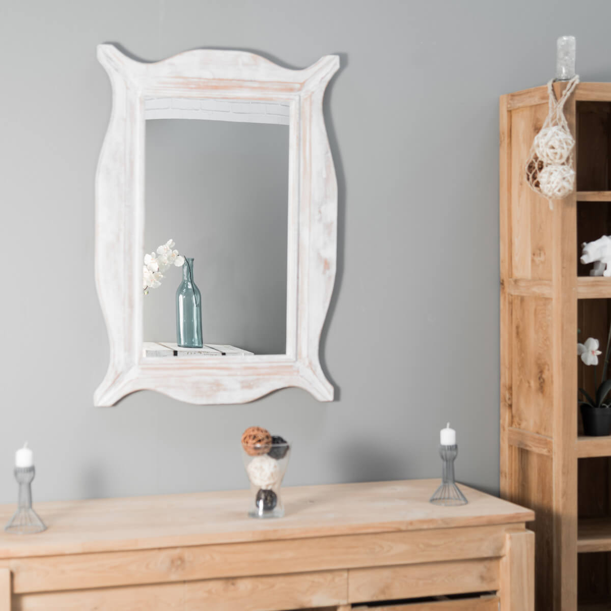 Wanda Collection Miroir Moderne en bois patiné cérusé blanc 70 x 100cm