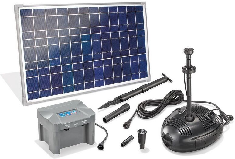 Esotec Kit pompe solaire bassin Roma Led, avec batterie et anneau led, 1300L-35W Esotec Kit pompe solaire bassin Roma Led, avec batterie et anneau led, 1300L-35W