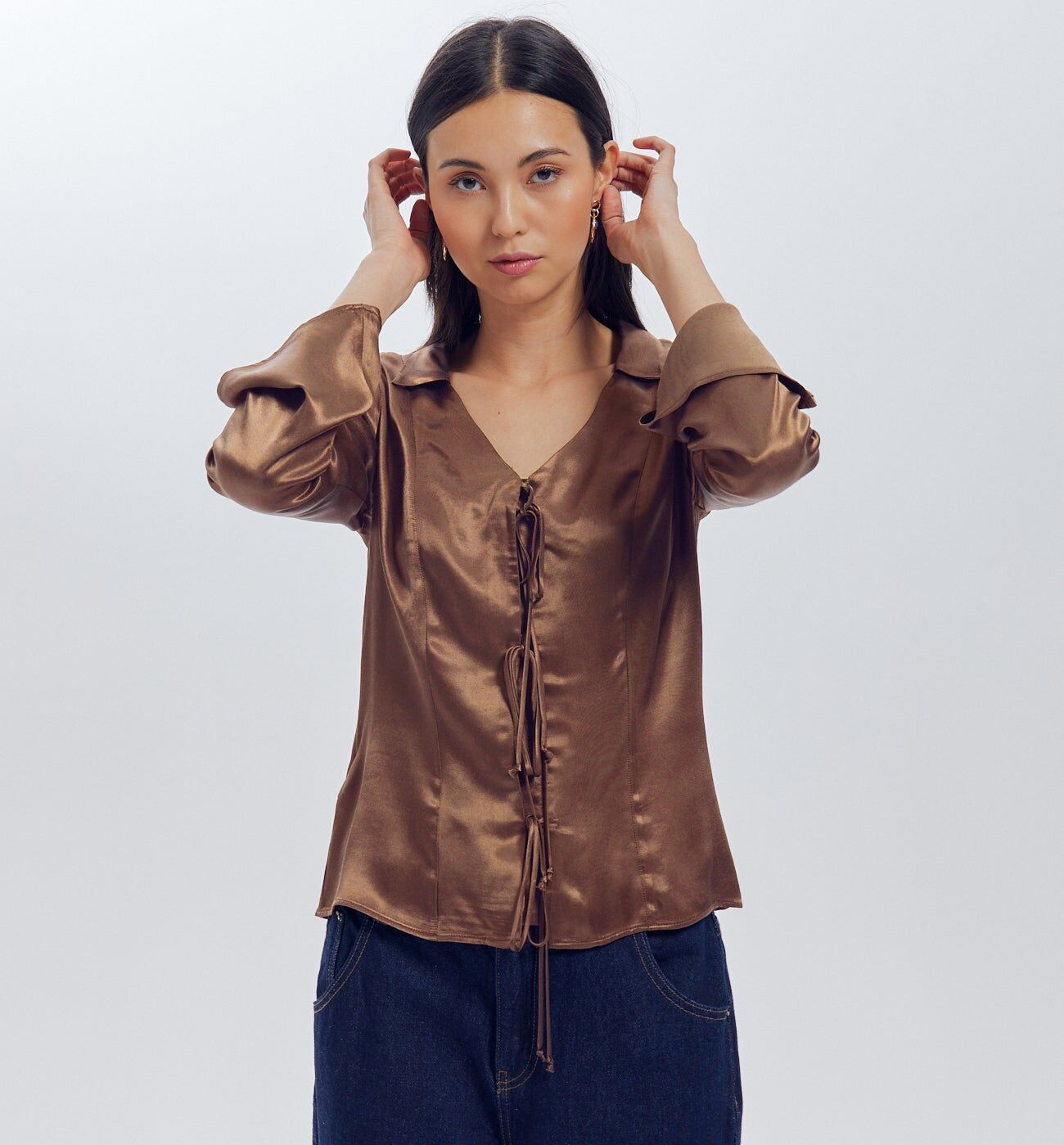 Promod Blouse en satin uni Femme Marron moyen 38