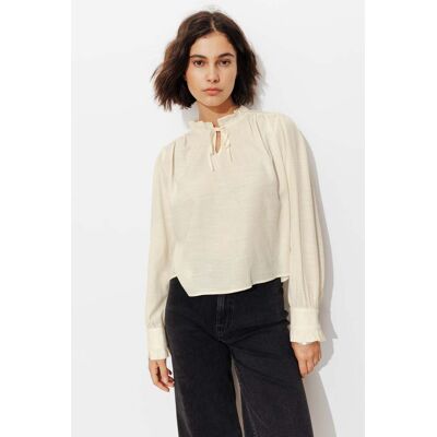 Promod Blouse col frou-frou Femme Ecru 46 - Publicité Promod Blouse col frou-frou Femme Ecru 46 - Publicité