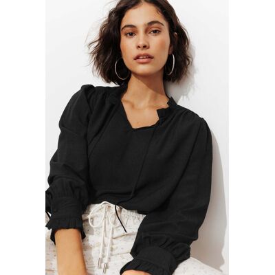 Promod Blouse col frou-frou Femme Noir 34 - Publicité Promod Blouse col frou-frou Femme Noir 34 - Publicité